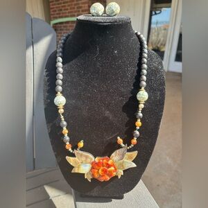 Vintage Lee Sands Handcrafted Orange Floral Statement Necklace and Earrings